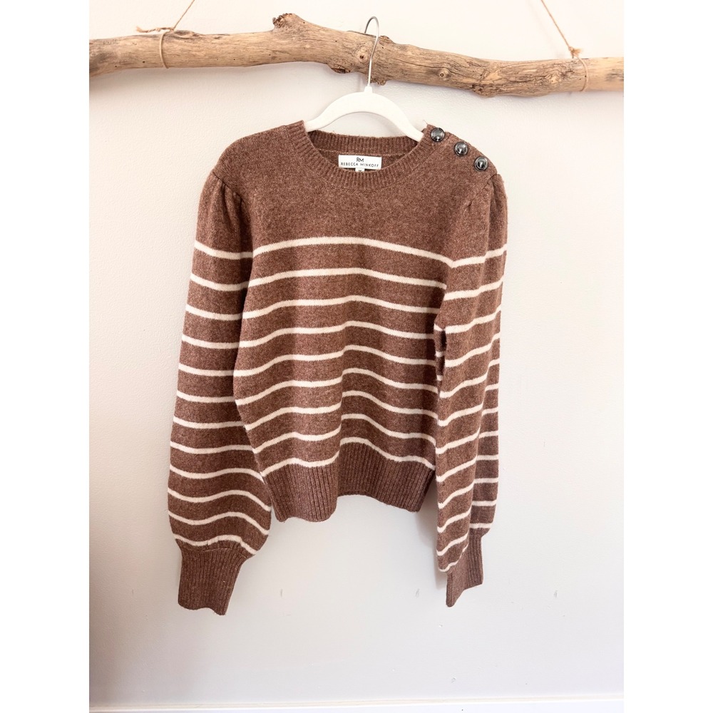Rebecca Minkoff Brown Striped Puff Sleeve Button Shoulder Sweater Size M